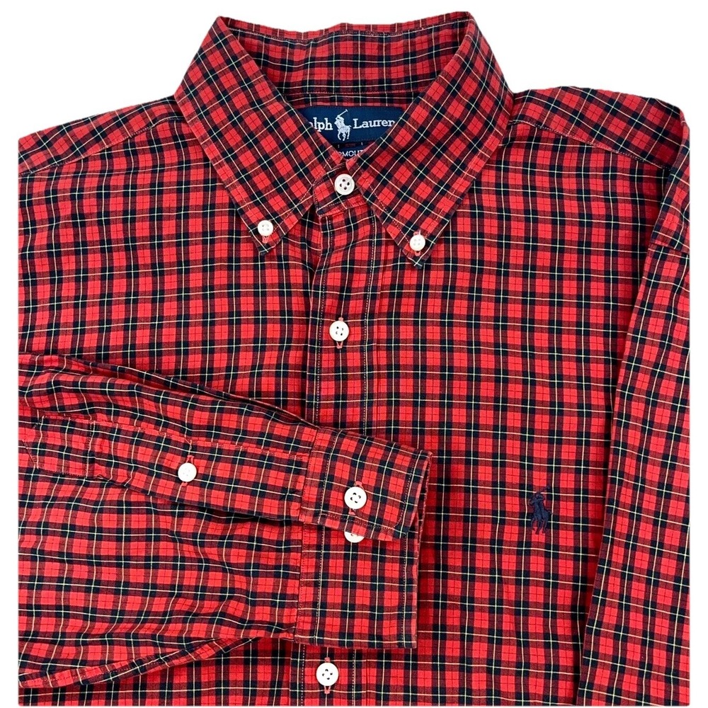 Ralph Lauren Shirt Men 16 34 Red Black‎ Plaid Button Up Dress Yarmouth Casual